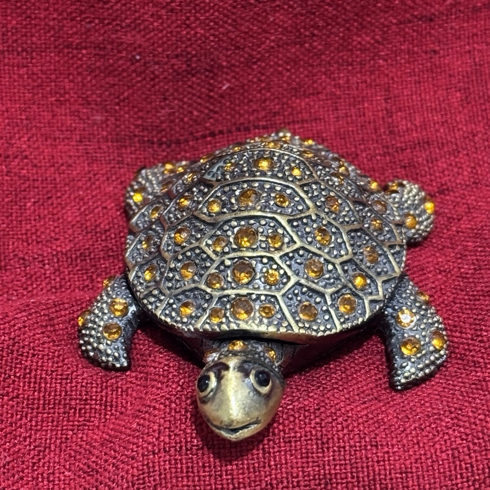 Rhinestone Turtle Trinket Box Enameled Magnetic Closure Tortoise Jeweled Brassy